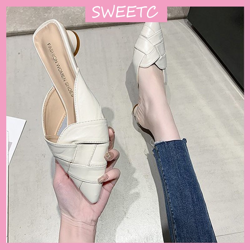 SWEETC Kasut raya perempuan Raya Heels 2023 kasut tinggi Women's Sandals Korean Cross Braided Mid-heel Chunky Heels