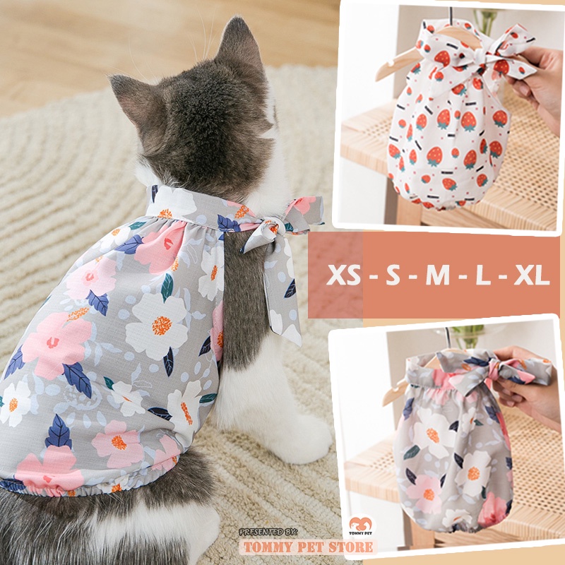 Bowknot Floral Pet Clothes Dog Cat Clothing Strawberry Summer Pet Shirt Pet Accessories Baju Kucing XS-XL Size 碎花蝴蝶结宠物衬衫