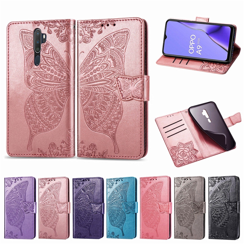 OPPO A9 2020 Case Embossing Butterfly Flip PU Leather Wallet Cover OPPO ...