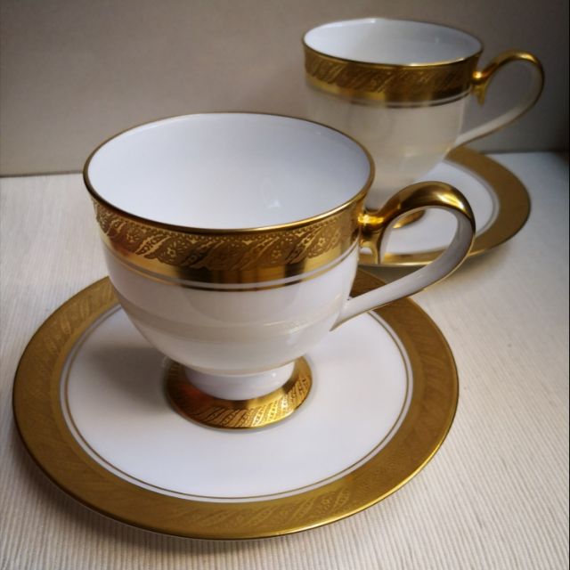 Noritake Gold Bamboo Teacups & Saucers set of 3 vintage Japanese Fine China