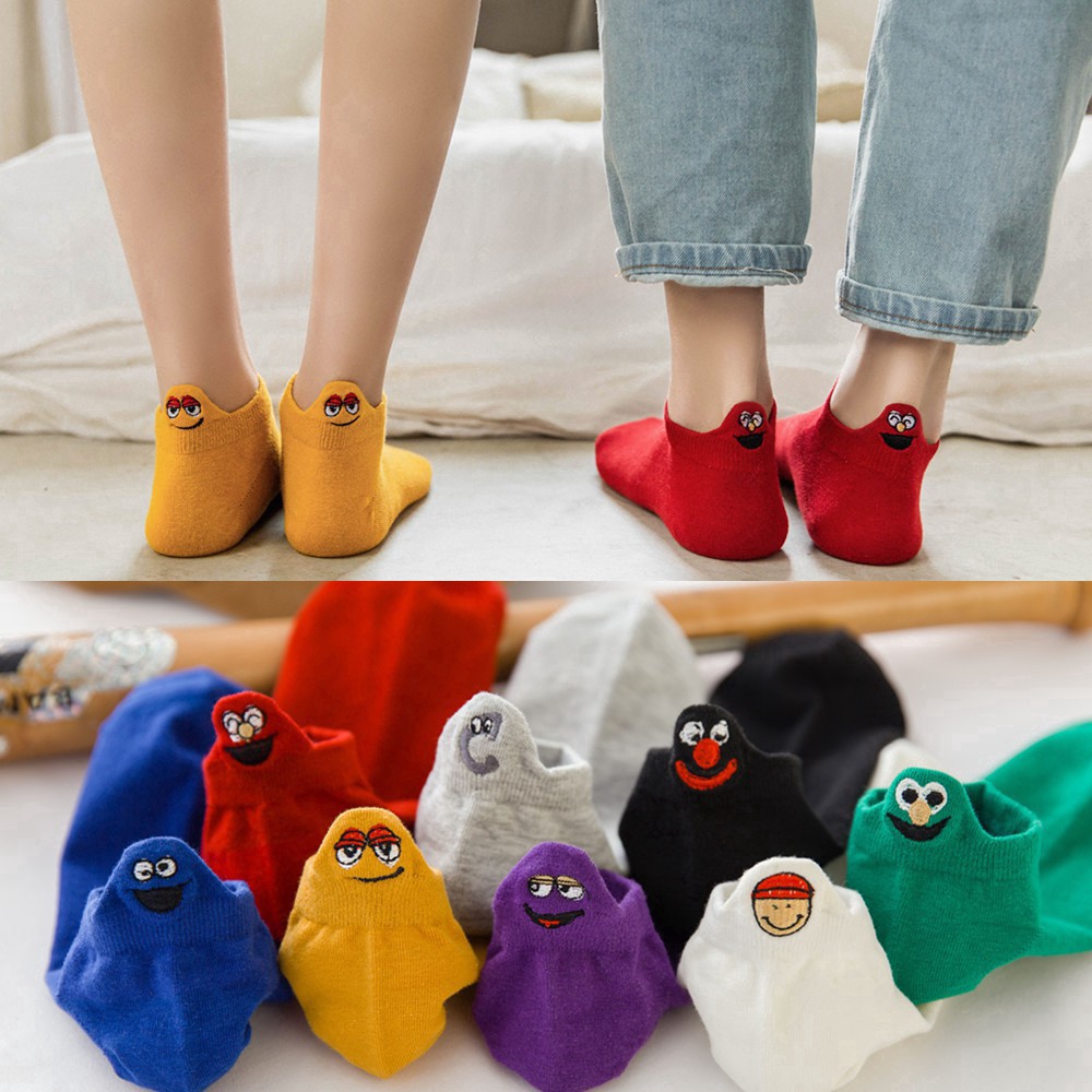 Women Girls Cotton Ankle Socks Kawaii Embroidered Emoji Pattern Funny Cute Socks