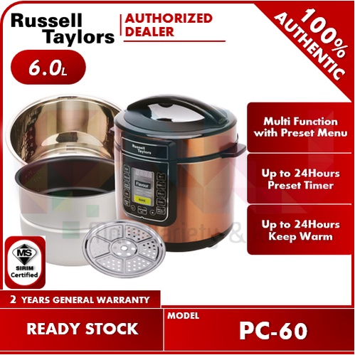 Russell Taylors 6.0L Dual Pot Pressure Cooker Rice Cooker 2 Pots + Steam PC-60