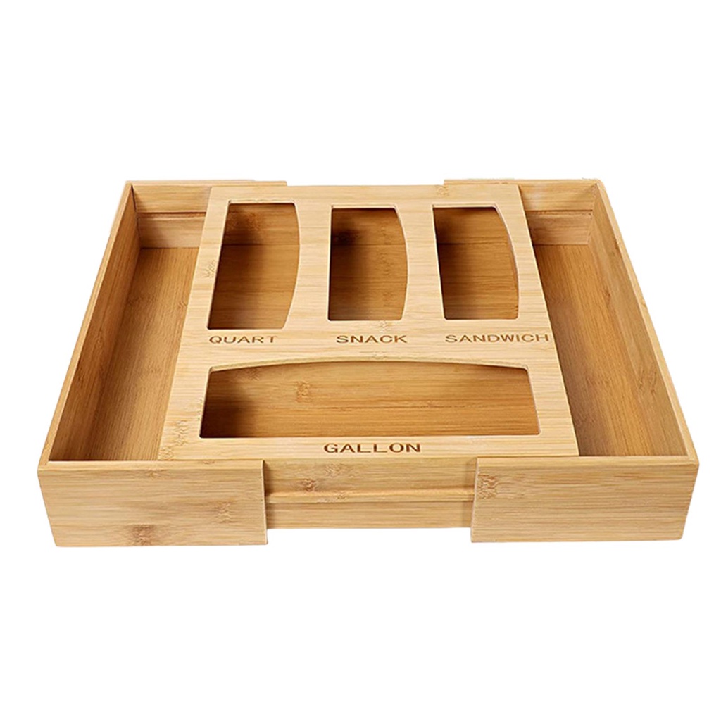 Expandable Bamboo Ziplock Bag Storage Organizer and Dispenser For