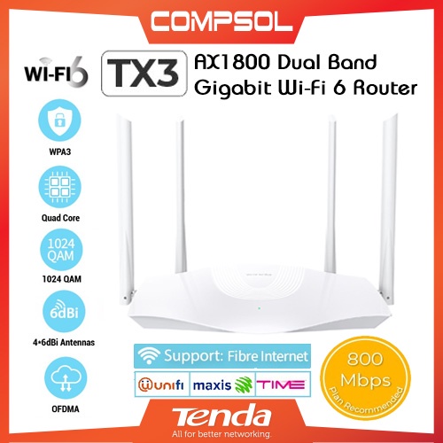 Tenda TX3 AX1800 Dual Band Gigabit WiFi 6 Router/Tenda TX2 Pro AX1500