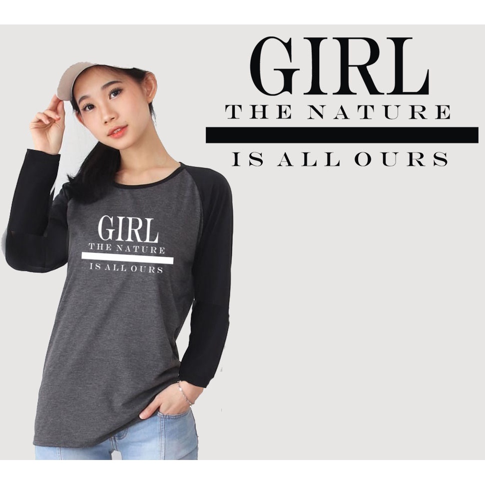 Girl Printed Long Sleeve Dark Gray Raglan T-Shirt