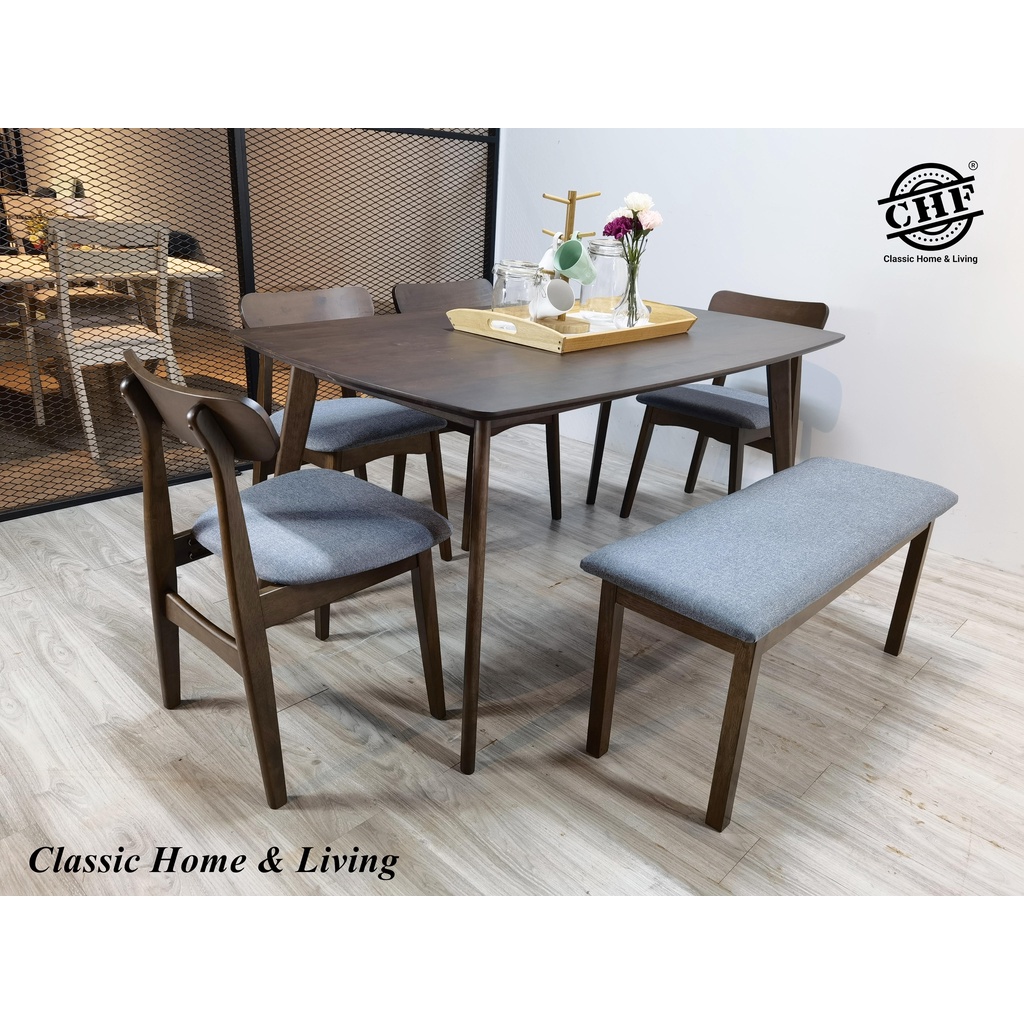 CHF Tenza Dining set 1+4+Bench / 1+6 Solid Rubber wood Color: Natural White / Walnut