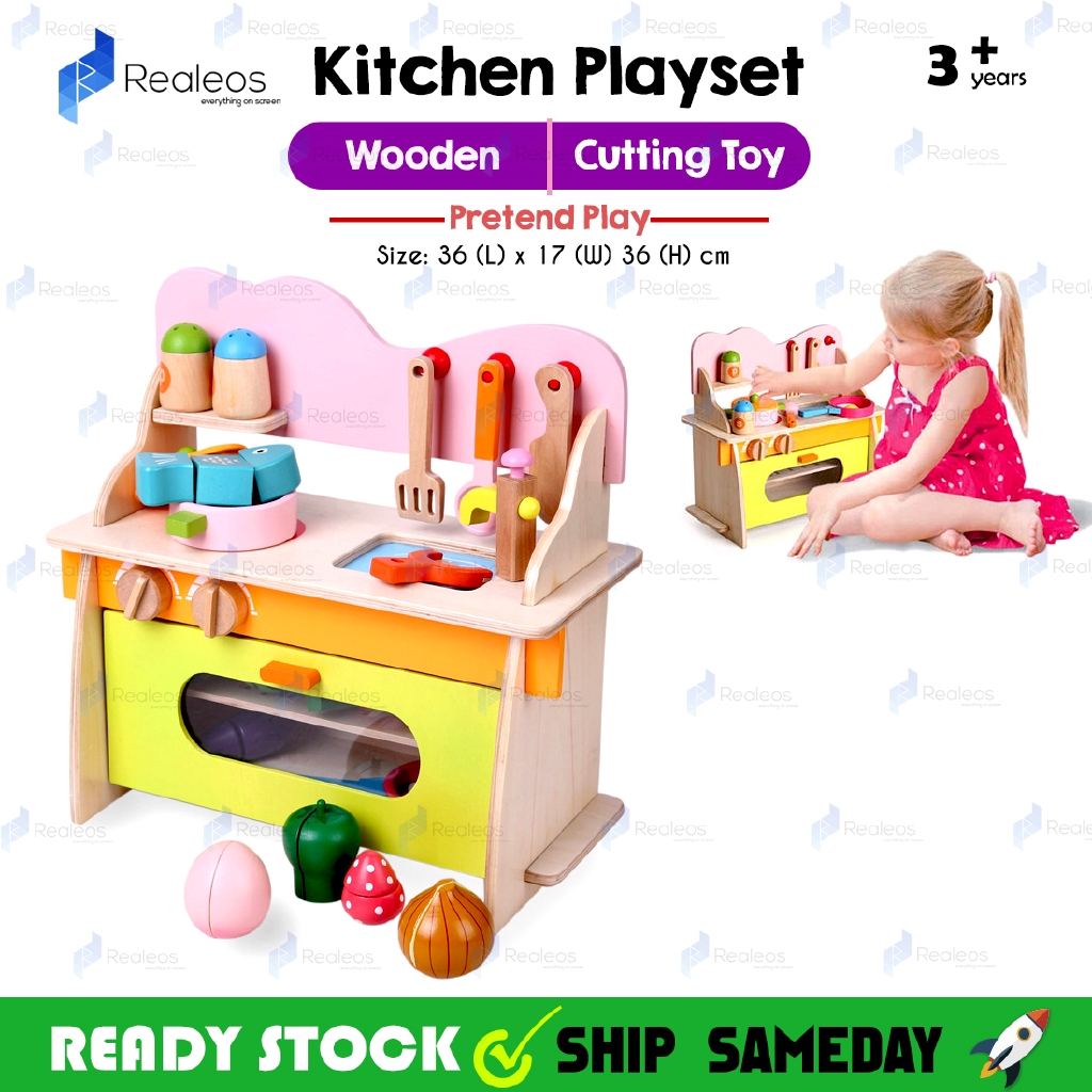 Realeos Wooden Kitchen  Playset Kids Pretend Play Cooking 