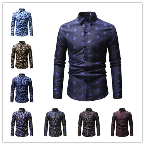 Men Casual Printing Shirts Long Sleeve Slim Fit Linen 