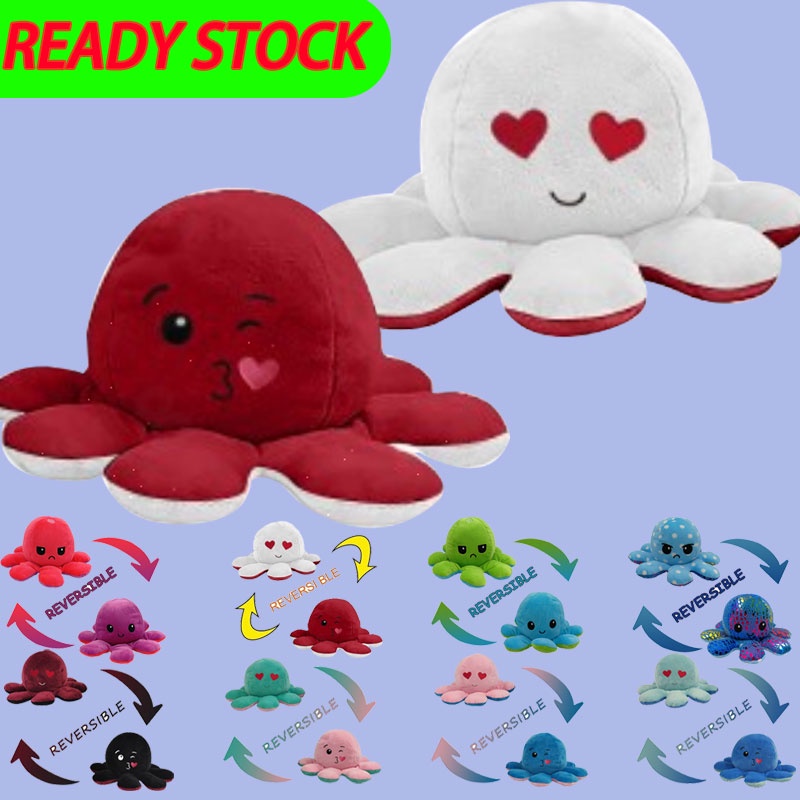 New TikTok Love Eye TIKTOK Viral Reversible Double-sided Flip Plush Angry Octopus Doll 40cm Stuffed Toys Birthday Gift for Girls Kids Boys