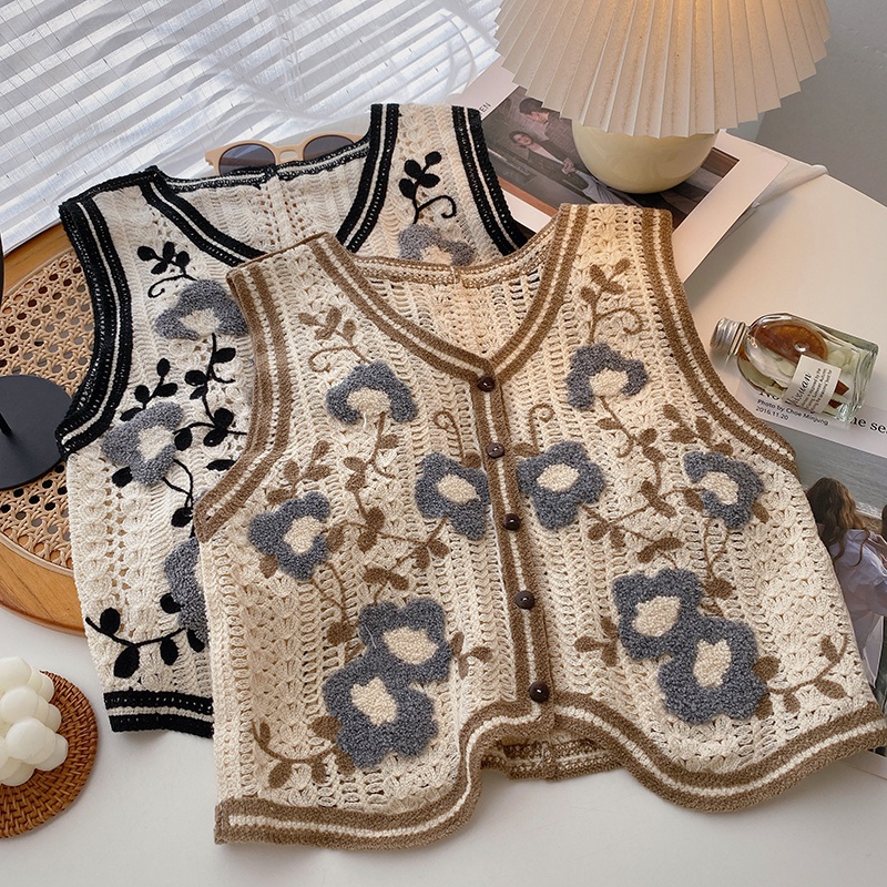 Korean Style Women Sleeveless Embroidery Crochet Flower Loose V-neck Knit Vest Loose V-neck Sweater