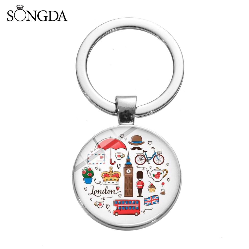 London England Souvenir Keychain Hippie Classic Red Bus Big Ben Printed Glass Cabochon Pendant Keyring Gift