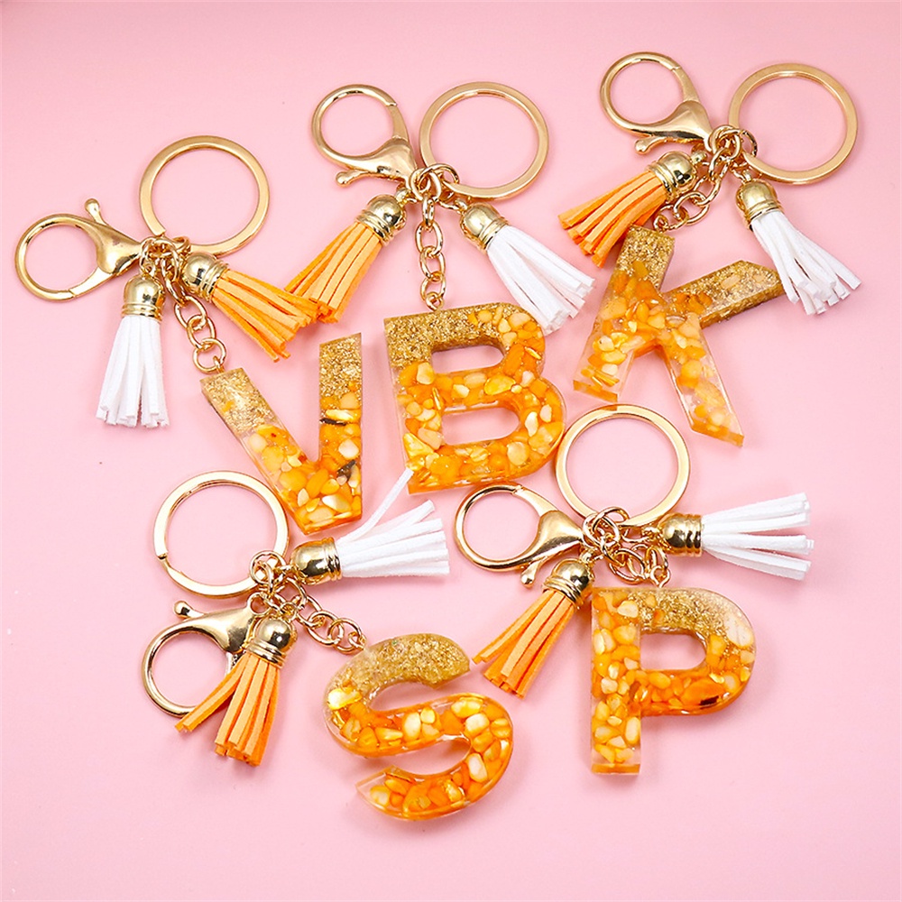 Tassel Gold Foil A-Z 26 Letter Pendent Keychain for Women Orange Resin ...