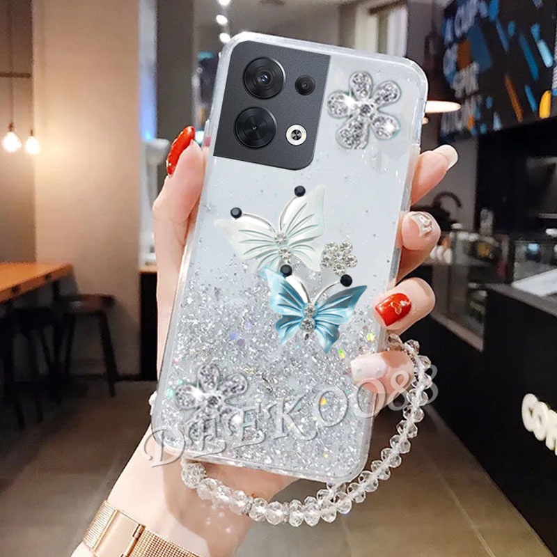 2022 New Smartphone Casing OPPO Reno8 Reno7 Reno6 Z Pro 5G 4G Phone Case Cute Two Flying Butterfly Decorated With Hand Strap Rope Glitter Back Cover Reno 8 8Z 8Pro 7 7Z 7Pro 6 6Z