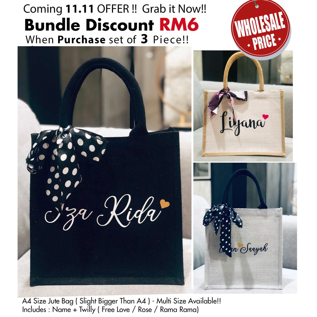 Black Jute Bag Personalised Name Bag A4 Jute Bag Custom name Bag