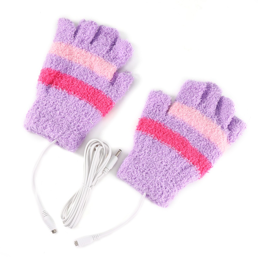 Purple 1Pair Unisex USB Heating Gloves Stripe Pattern Winter Hand Warm Gloves Heated Fingerless Warmer Mitten