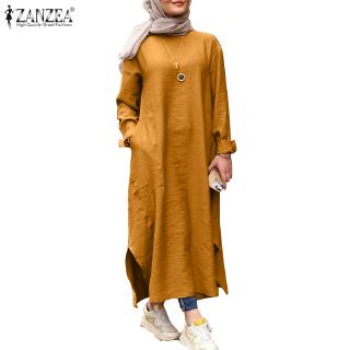 Image of ZANZEA Women Long Sleeve Solid Color Muslim Vintage Maxi Dress