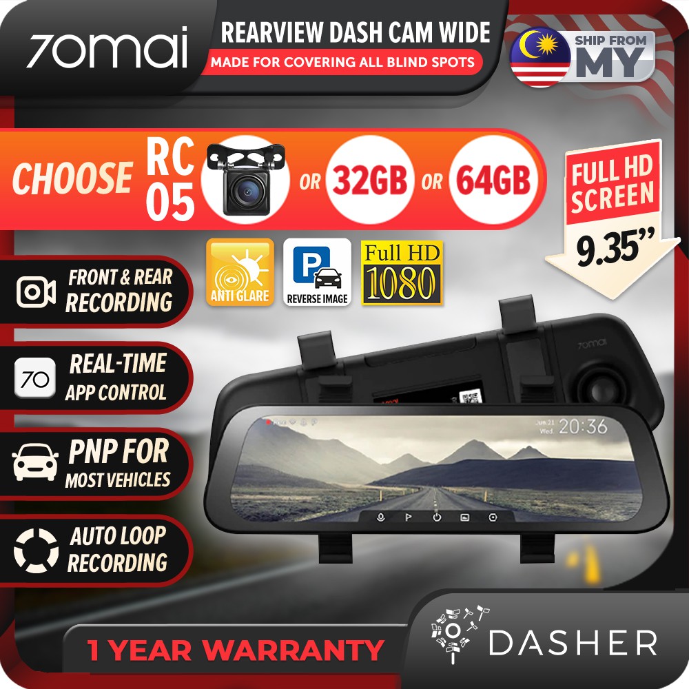 【Global Version】 70mai Rearview Dash Cam Wide D07 1080P 9.35 Inch Full ...