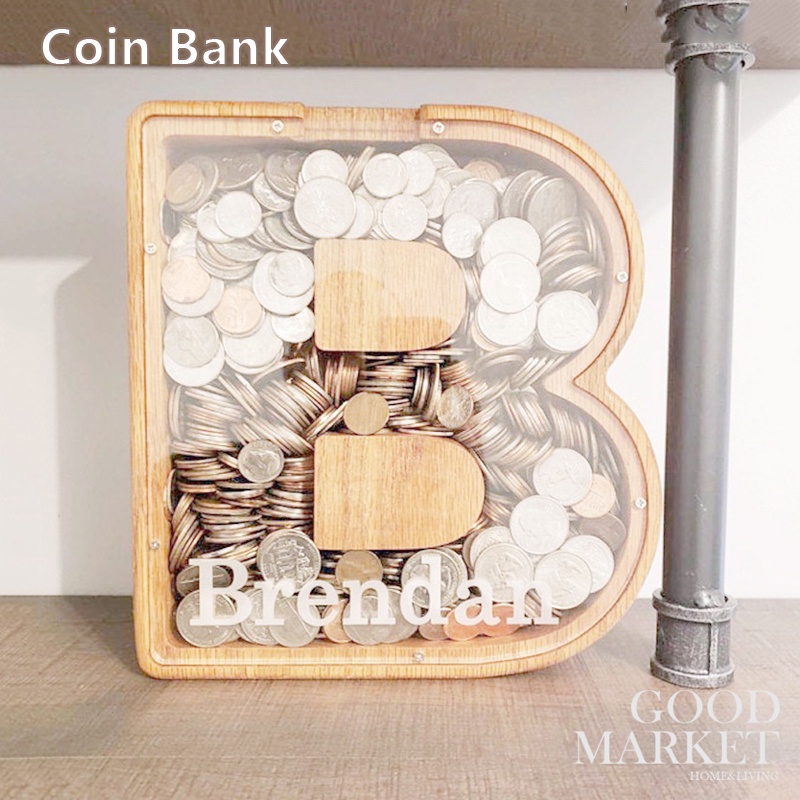 THB641 Wooden Transparent English Alphabet Piggy Bank Coin Bank  Money Saving Box Coins Jar Coins Storage Box Money Buck