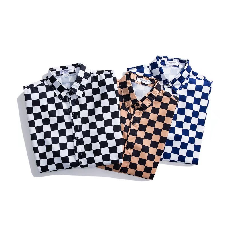 Summer Black White Checkerboard Plaid Shirt Men Loose Korean Version Fashion Trendy Top