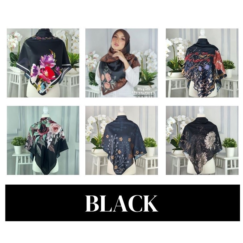 HIJAB DESIGNERS SHADE BLACK HITAM FLORAL BAWAL BIDANG 40 45 48 50 53 55 58 SILK COTTON CREPE CHIFFON