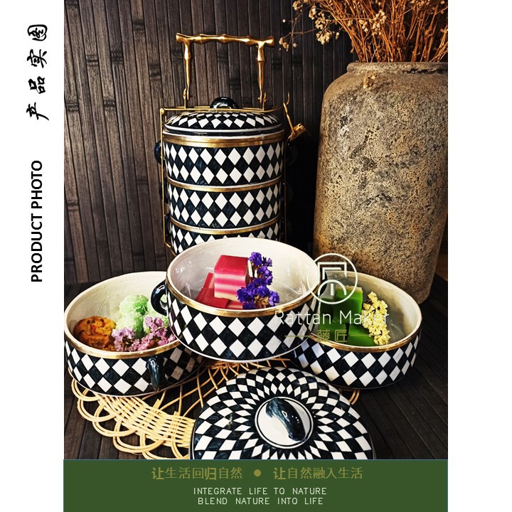 [Ready Stock] Handcrafted Traditional Collection Ceramic Porcelain Tiffin Food Carrier with Brass Handle