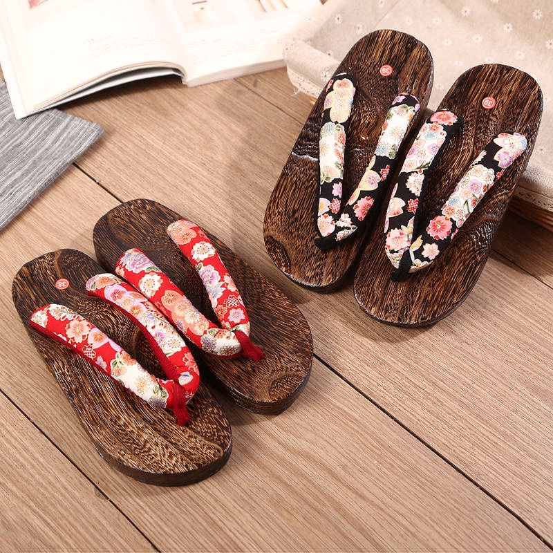 kasut kimono terompah seliper perempuan Summer Japanese wooden 拖 Women's slope high -heeled foot sandals sand slippers Boil Tongmu shoes couple bathroom beach shoes yukata yukata