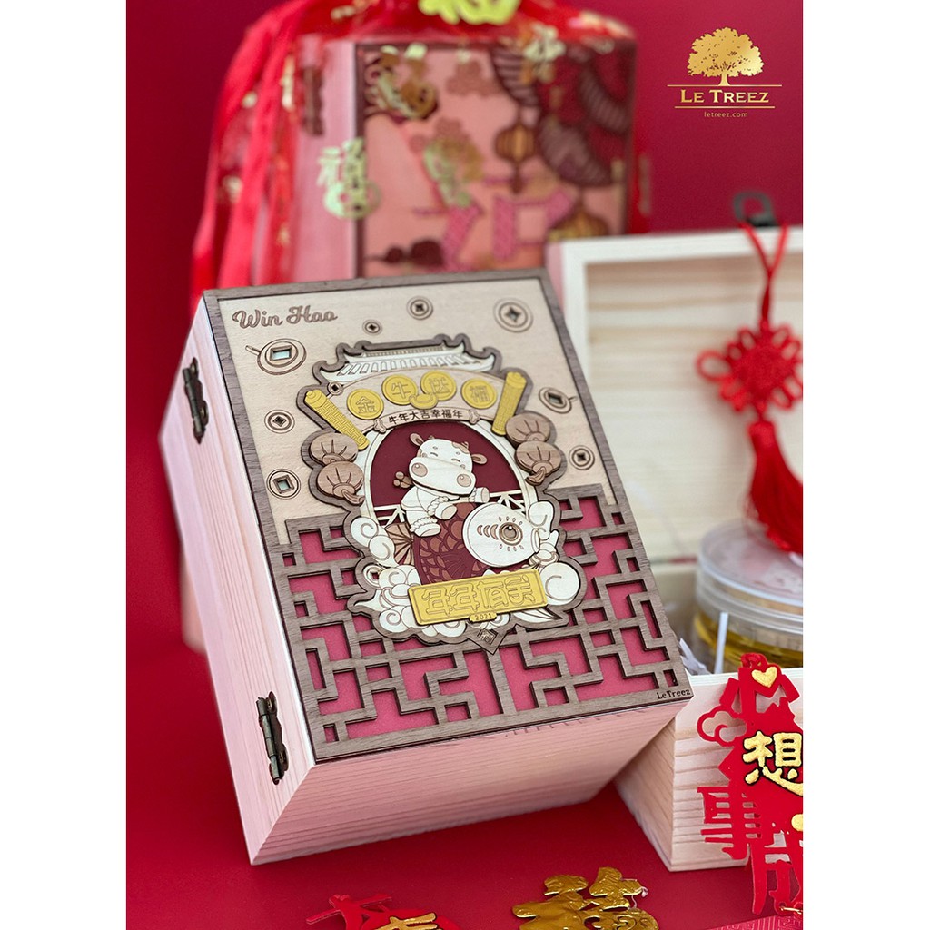 Ready Stock Malaysia Ox Chinese New Year Gift Box Rack Organiser Storage Jewellery Wooden Hamper Cookies A