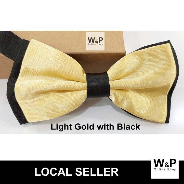 Unisex Men Women High Quality Double-Layer Formal Casual Weddding Party Ribbon Bow Tie Bowties - Light Gold with BlacK