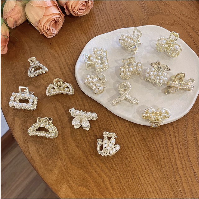 She French Retro Metal Small Clip Rhinestone Pearl High Ponytail Hair Hairpin Back Head Shark Headdress Side Bangs