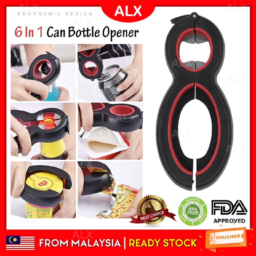 ALX 6 In 1 Can Bottle Opener Jar Gripper Can Wine Beer Lid Twist Off Seal Remover Multi Kitchen Tools Alat Dapur