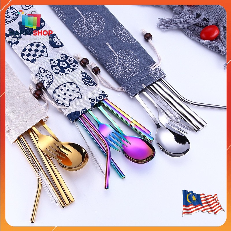 💛H.S💛7in1 304 Stainless Steel Cutlery Set Chopstick Spoon Fork Straw