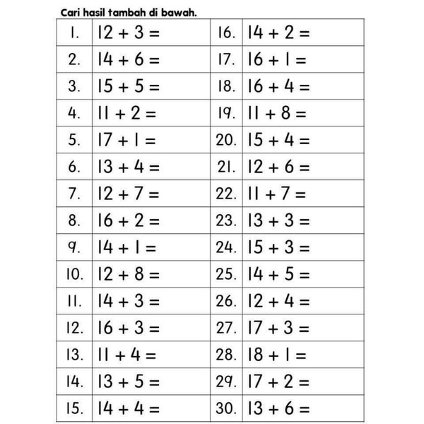 Lingkungan Latihan Lembaran Kerja Matematik Prasekolah Operasi Tambah