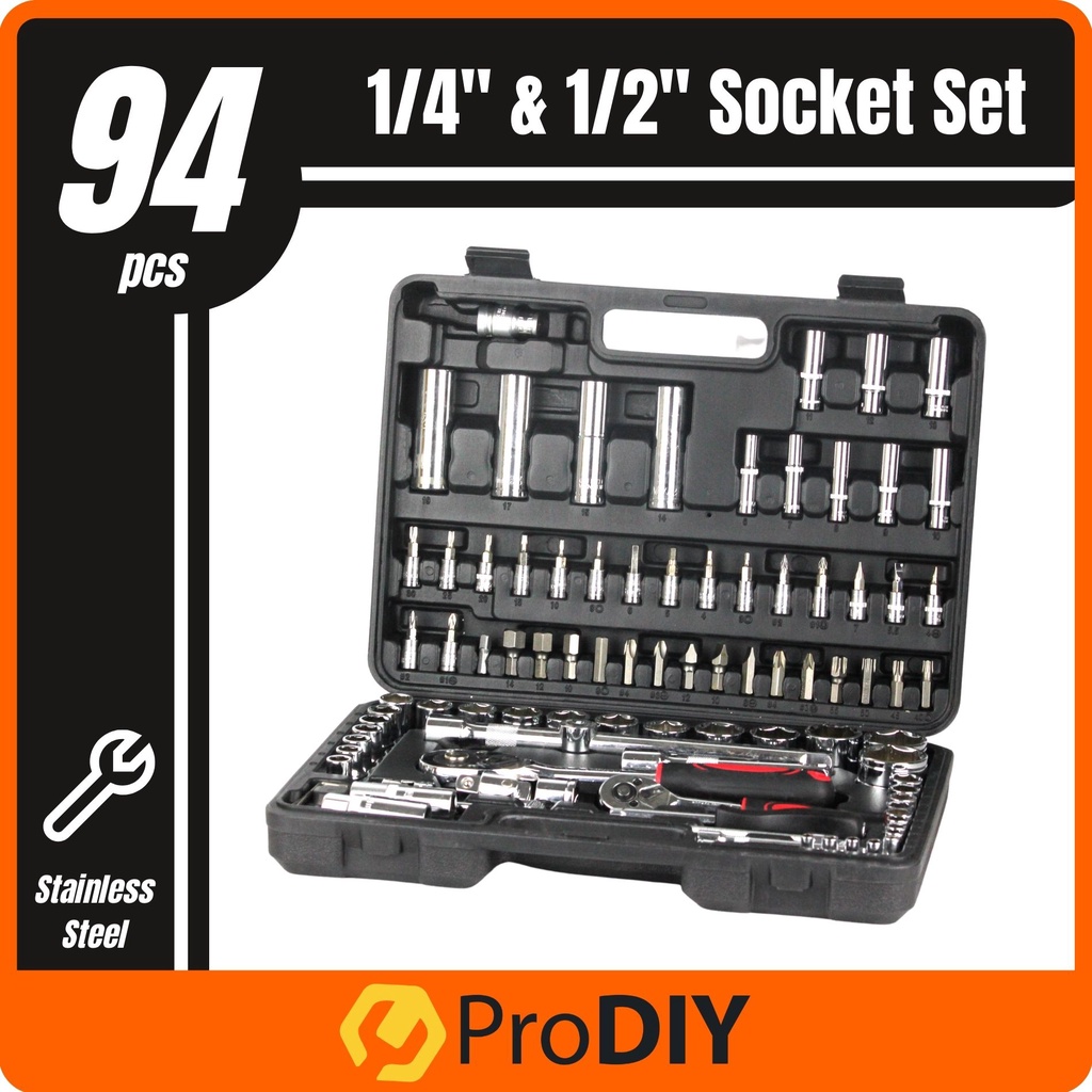 94pcs 1/4" & 1/2" Socket Set Ratchet Box Spanner Wrench Hand Tools Set