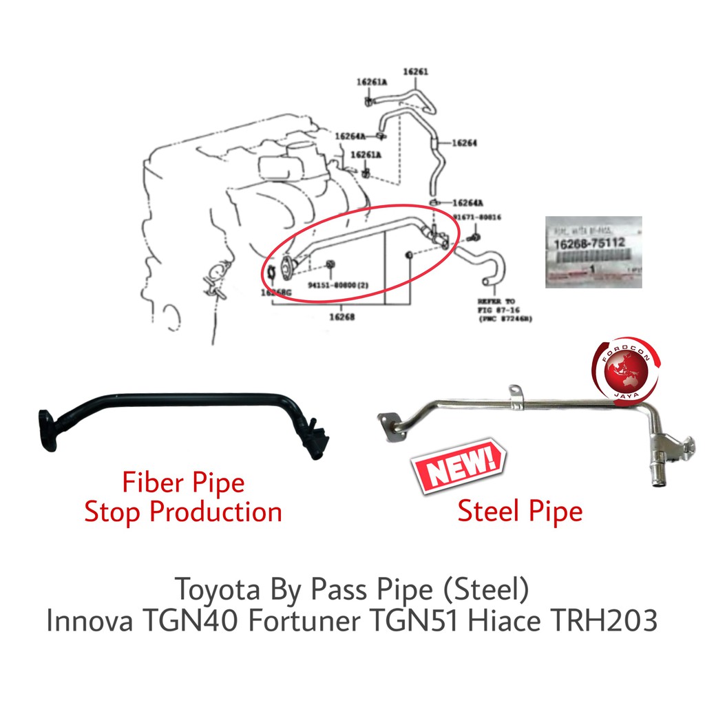 Toyota By Pass Pipe (steel) Innova TGN40 TGN140 Fortuner TGN51 TGN156