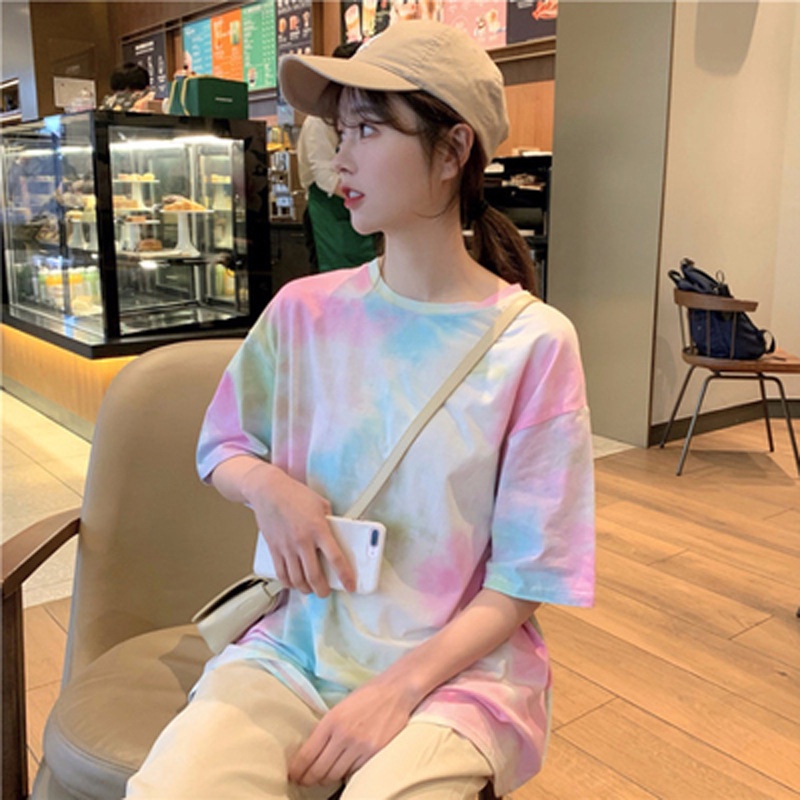 Ready Stock Women Tie Dye Short Sleeve Tops Round Neck Casual Cute T Shirt