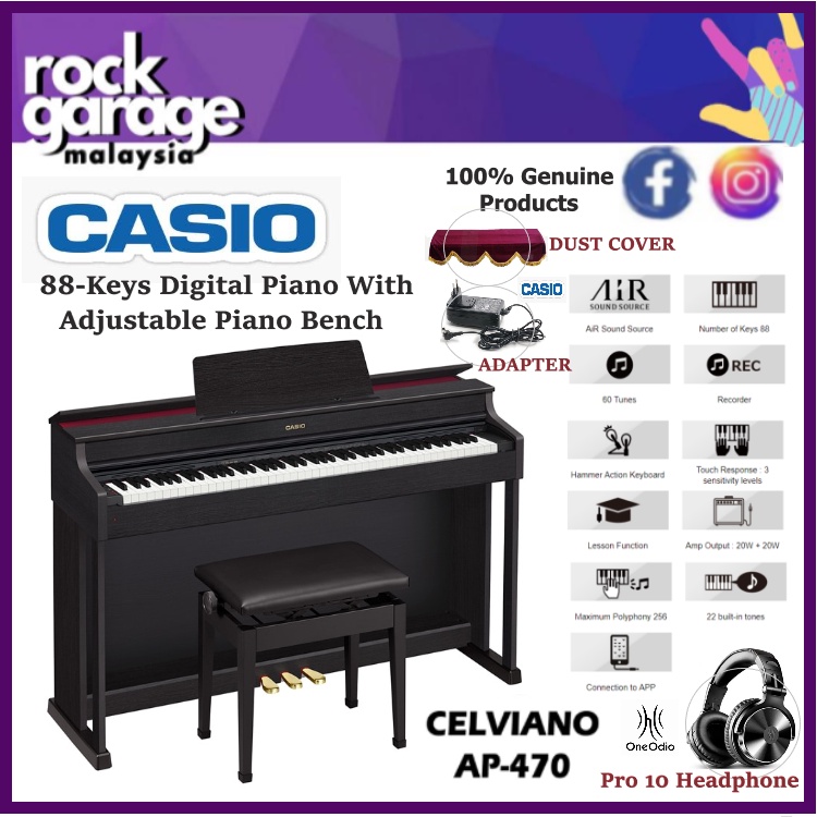 Casio AP470 88Keys Digital Piano With Adjustable Piano Bench, Oneodio