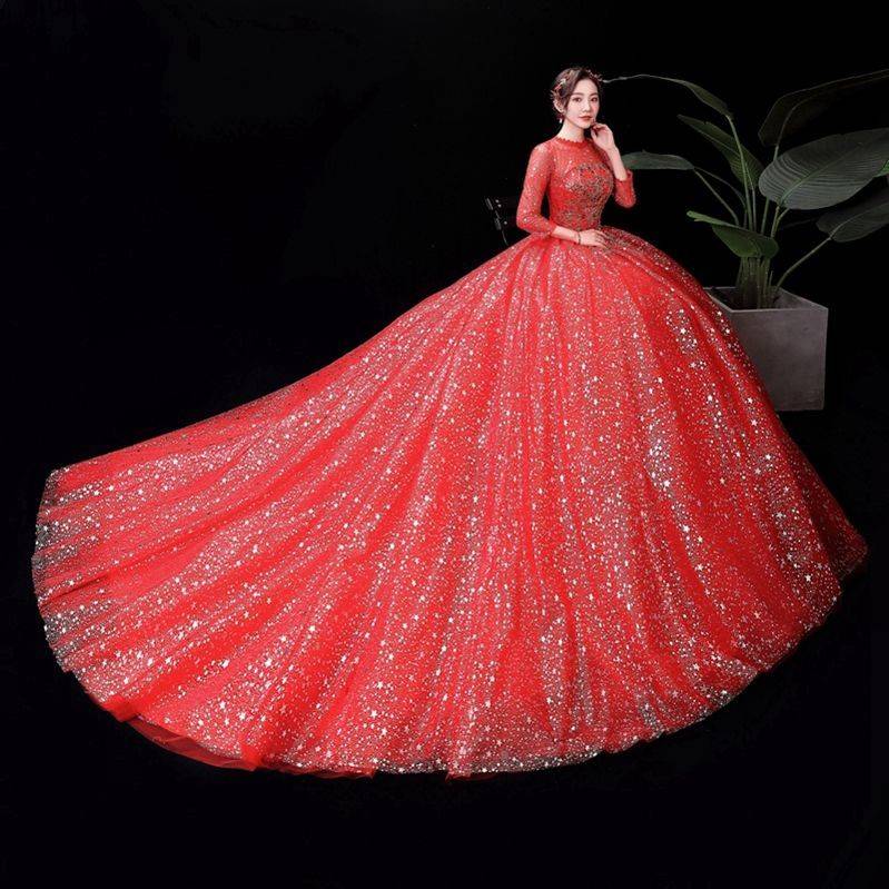 Fashion Women Red High Collar 3/4 Sleeve Bridal Dress Sequin Bling Lace Embroidery Long Tail Weddding Gown Dress