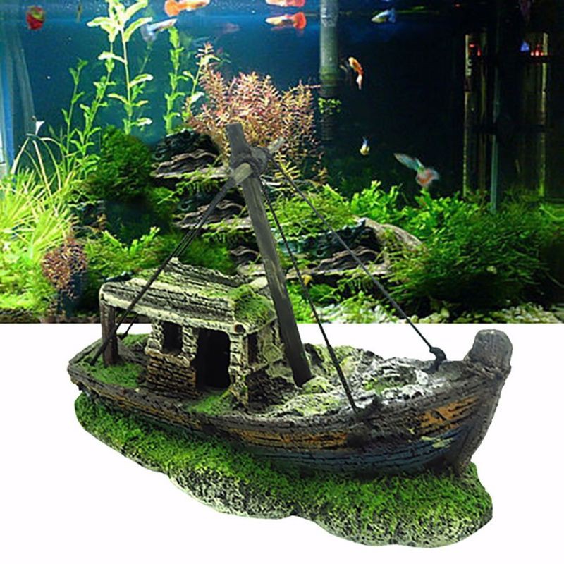 12cm Resin Fish Tank Decoration Aquarium Ornament Sailing Boat Sunk Ship