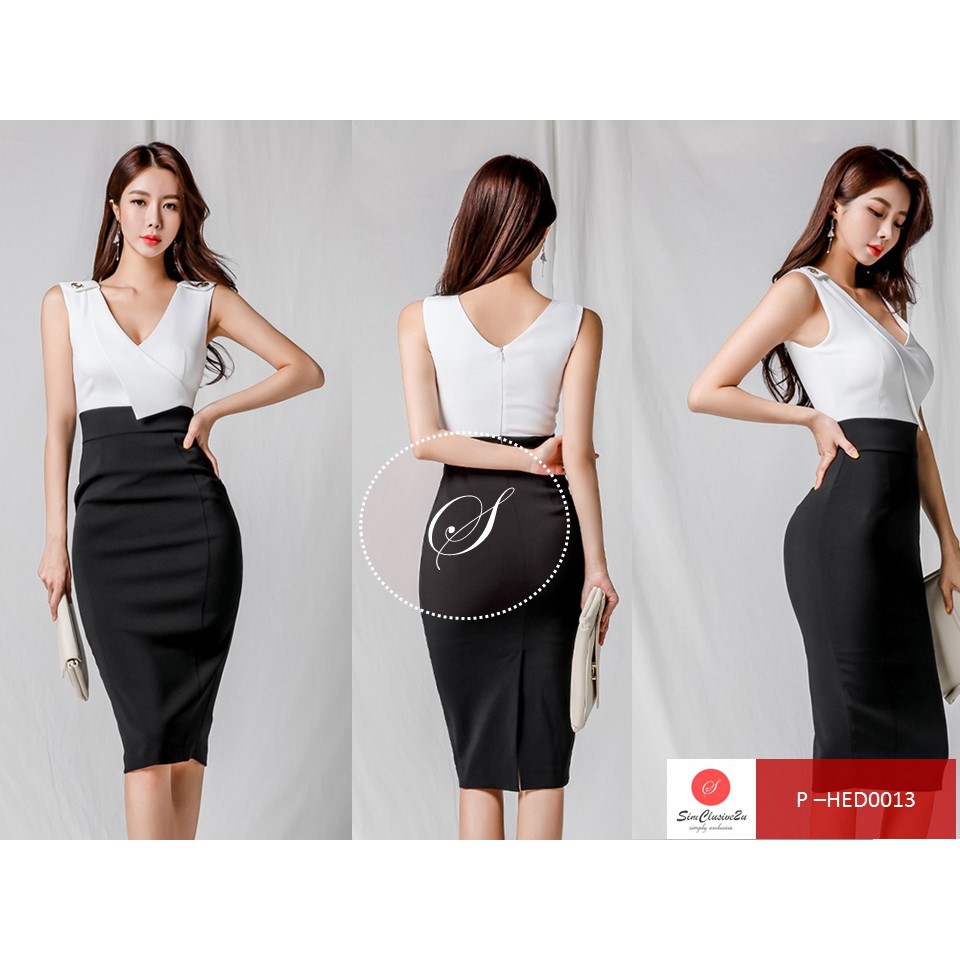 Korean Style Fashion Evening Dinner Work Office Wear Dress Women V-Neck  Sleeveless Slim Midi Black White Dresses HED0013 | Shopee Malaysia