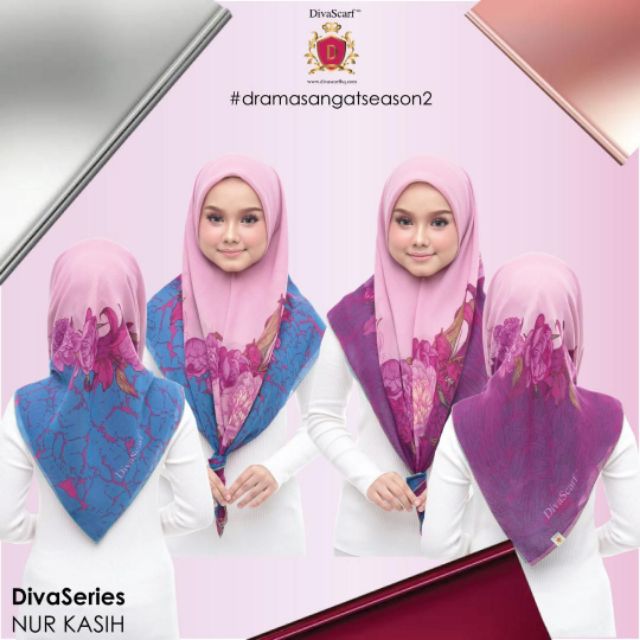 Silver Tag Bawal Nur Kasih Tudung Bawal Printed Double Side Corak Bunga DivaSeries DivaScarf Ready Stock DramaSangat