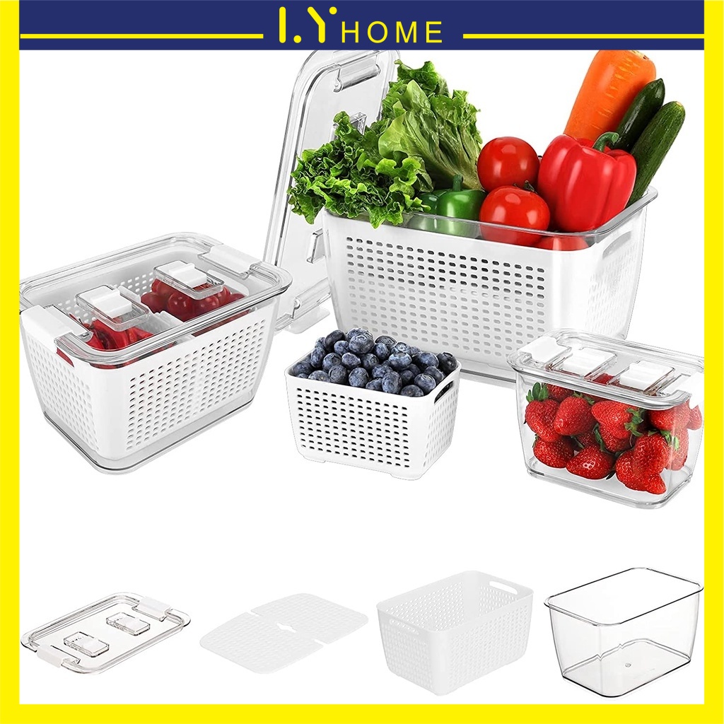 Fresh Container, Fresh Produce Saver, Veggie Food Fruit Storage Containers for Refrigerator, drain water tray