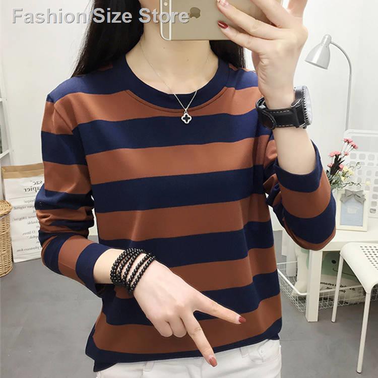 The New Big Yards Of 2019 Autumn Winters Women S Long Sleeve Ms Render Han Edition Outside Stripe T Shirt Unlined Uppe11 Shopee Malaysia