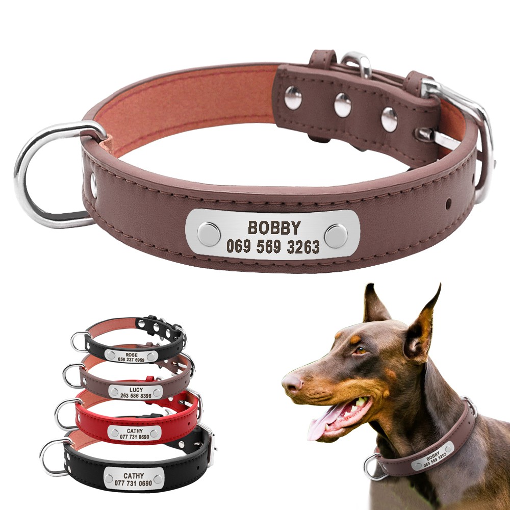 Personalised Dog Collars Leather Pet ID Collar Name Plate Engraved Free