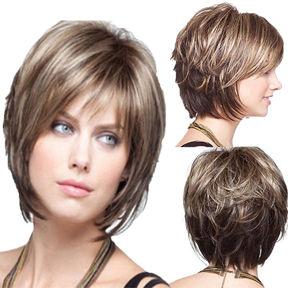 White Women Synthetic Full Wigs Short Straight Bob Hairstyle Blonde Hair Wig