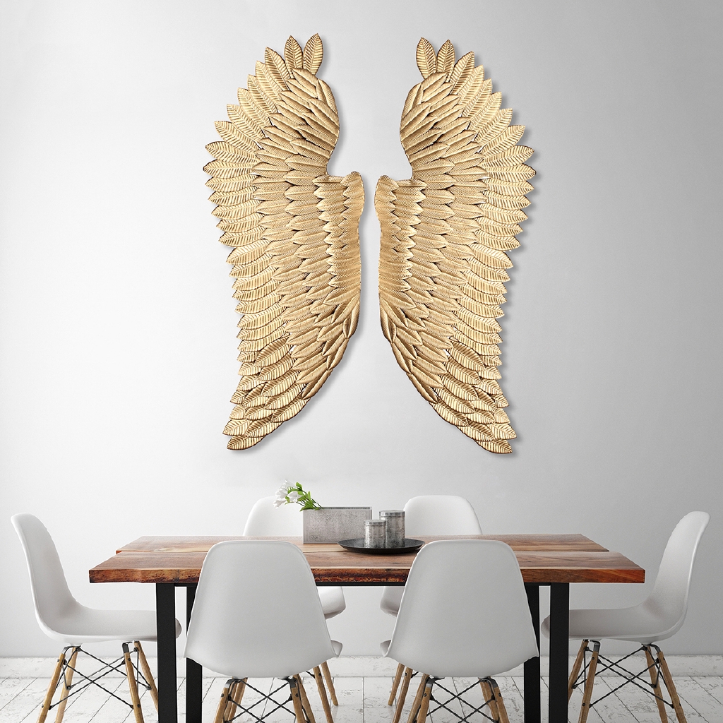 Pair Of Vintage Distressed Gold Black Metal Angel Wings Hanging
