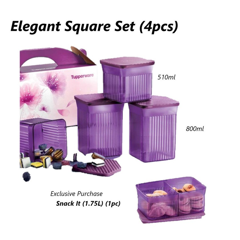 Tupperware Elegant Square Set Bekas Kuih with Exclusive Purchase Snack It