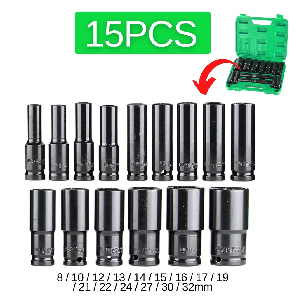 15PCS / 20PCS 1/2 Inch Long Impact Socket Set Black Deep Box Set Tool Set 8mm - 32mm