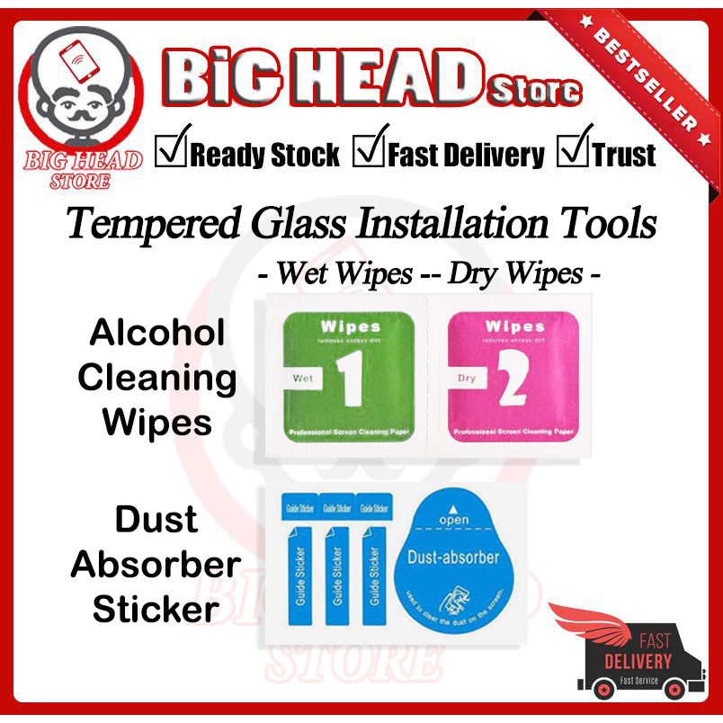 (2 + 1) Wet & Dry Wipes + Dust Absorber Sticker Tempered Glass Alcohol