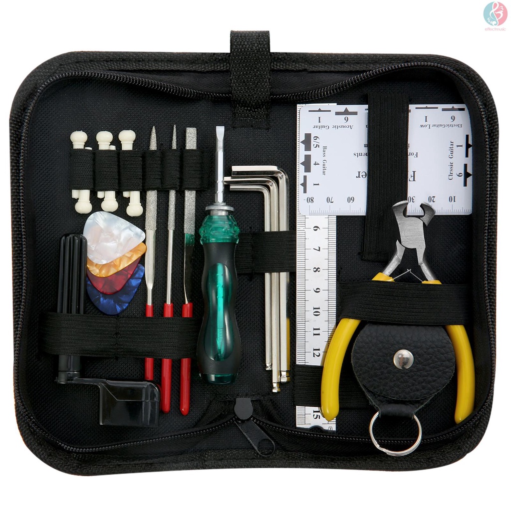 ammoon Guitar Repairing Maintenance Cleaning Tool Kit Includes String Action Ruler & Gauge Measuring Tool & Hex Wrench Set & Files & String Winder & String Cutter & Bridge Pins & Picks & Picks Bag for Guitar Ukulele Bass Mandolin Banjo