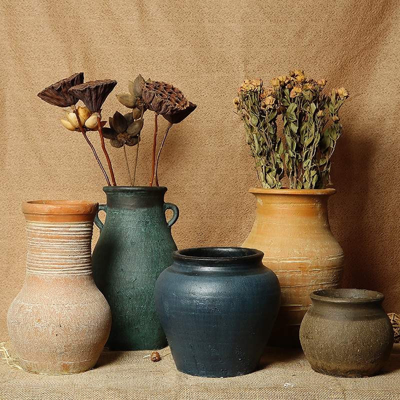 Incense House crude pottery pot vase flower succulent flower pot vintage earthenware breathable dried flower old clay po